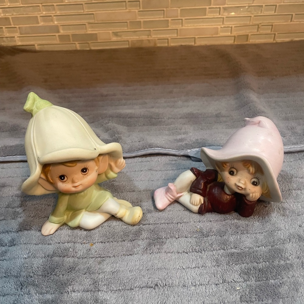Vintage Homco Pixie Garden Elf Porcelain Figurines #5615, #5213- Set of 2